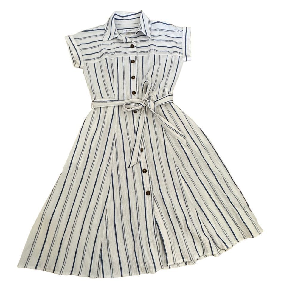 Calvin Klein ~ White with blue stripes belted dress ~ capped sleeves ~ size 2 - Picture 3 of 9